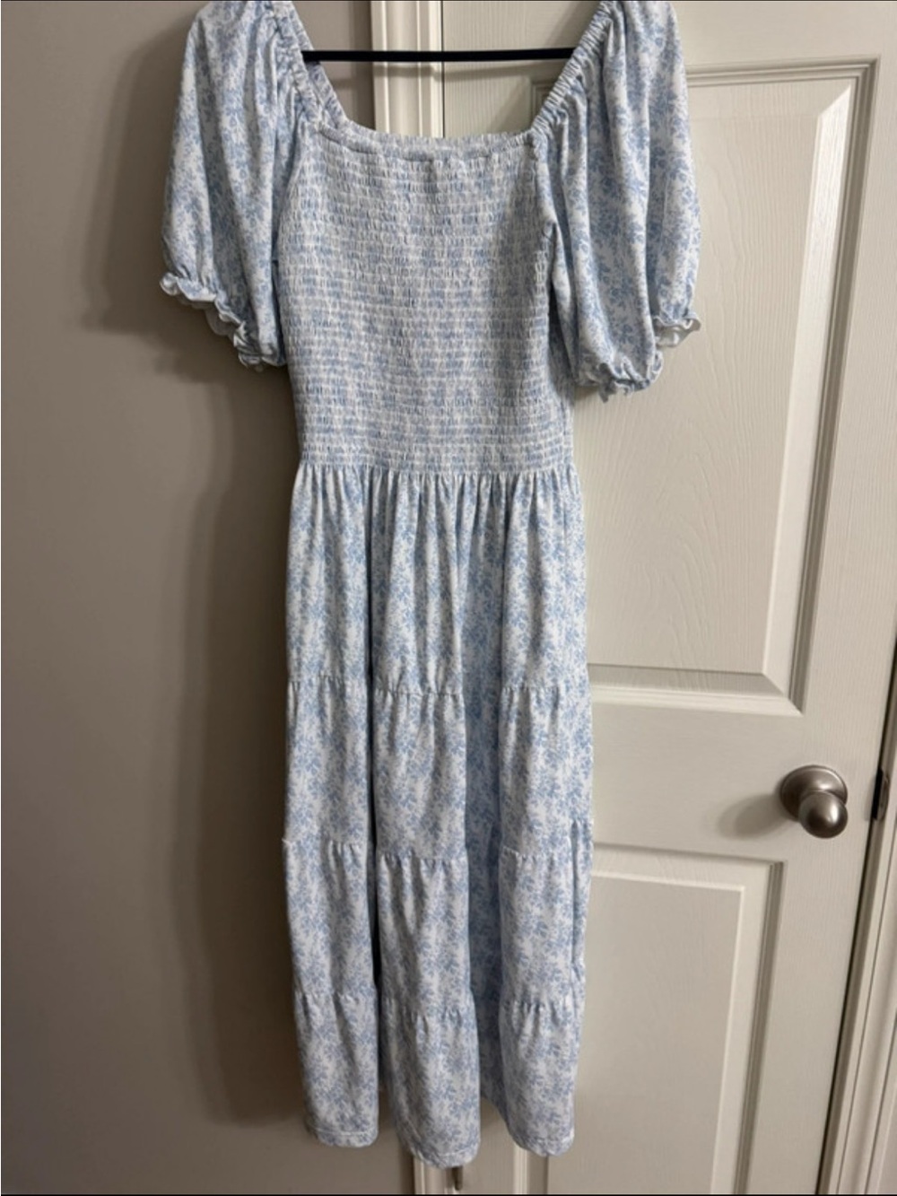 Light Blue Floral Smocked Maxi Dress with Puff Sleeves